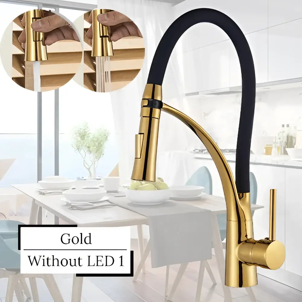 Gold kitchen faucet with sleek curved spout and black flexible hose from decorbites led swivel pull down series