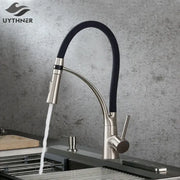 Stainless steel decorbites led swivel kitchen faucet with black flexible hose and led swivel pull for hot and cold water mixer