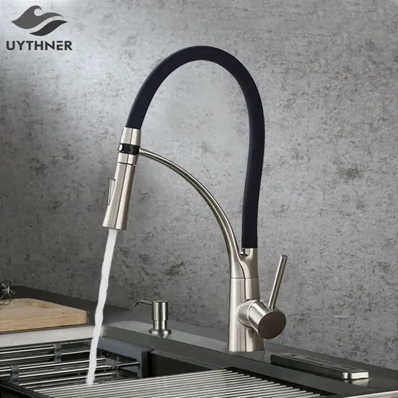 Stainless steel decorbites led swivel kitchen faucet with black flexible hose and led swivel pull for hot and cold water mixer