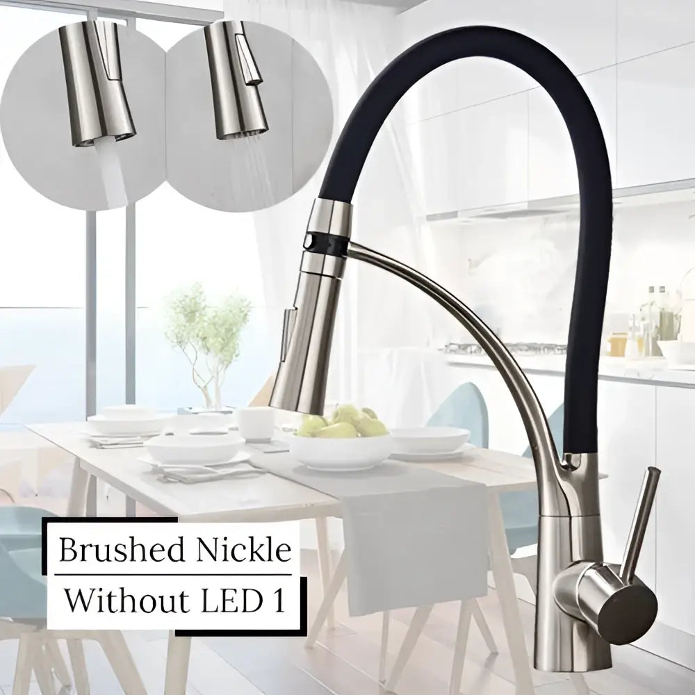 Brushed nickel decorbites led swivel kitchen faucet with black flexible hose and pull-down spray head mixer for hot and cold water
