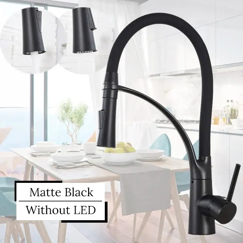 Matte black decorbites led swivel pull down kitchen faucet with curved spout and hot and cold water mixer