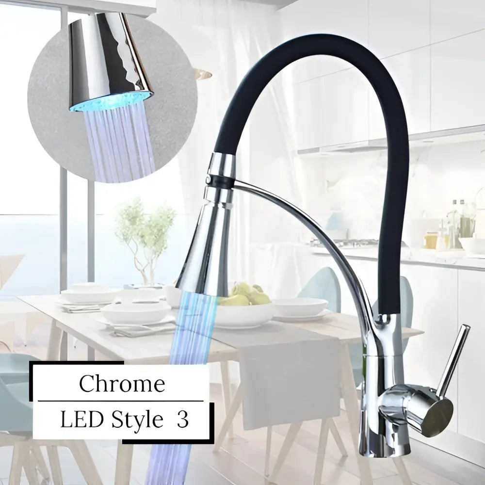 Chrome kitchen faucet with flexible black hose and led-lit spray head decorbites led swivel pull for hot and cold water mixer