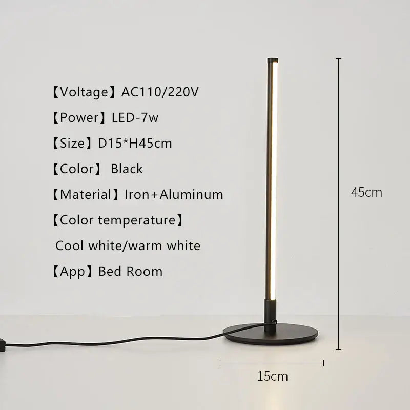 Black iron and aluminum decorbites led table lamp with minimalist design and illuminated vertical led strip for eye protection