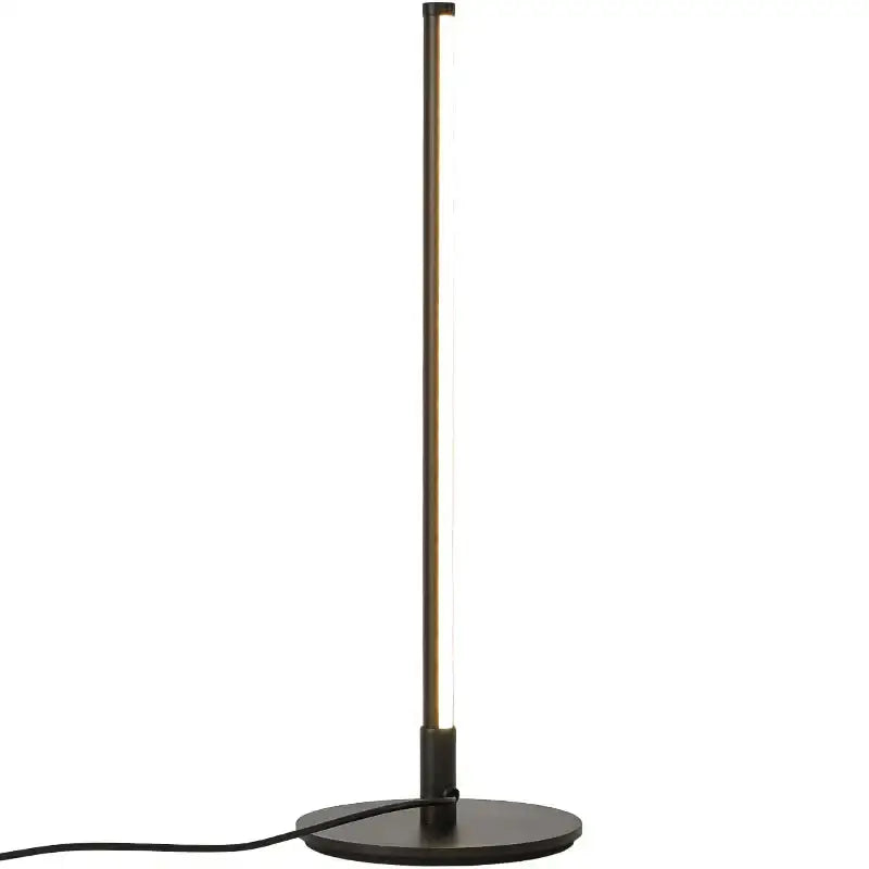 Minimalist DecorBites LED table lamp with brass-finished cylindrical metal pole and circular base for desk use