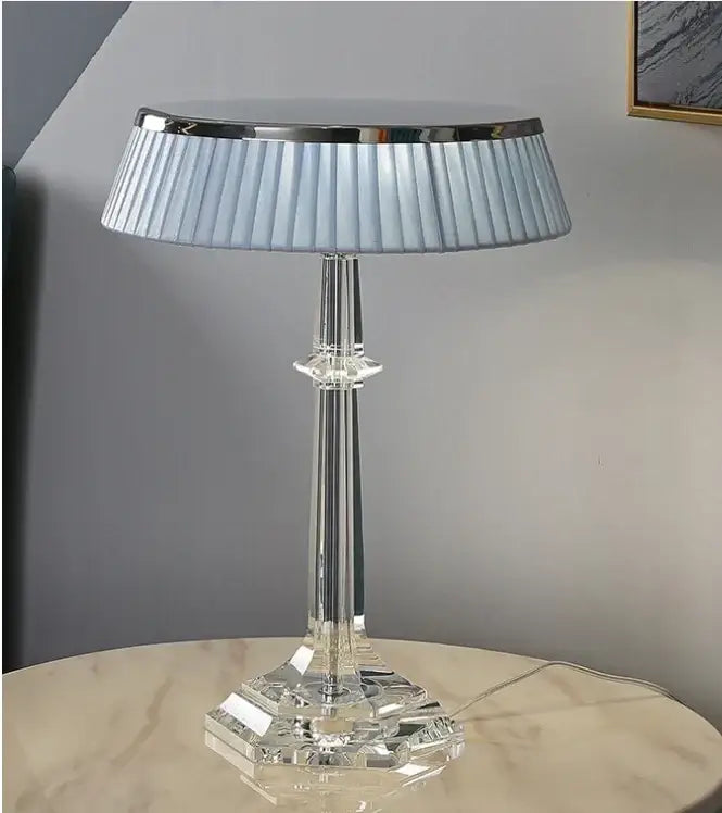 DecorBites led table lamp with clear crystal base and light blue pleated shade for modern home decor