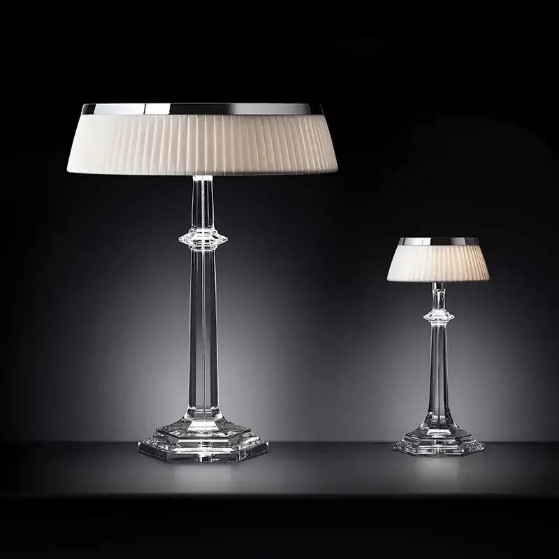 Elegant decorbites led table lamps with crystal bases pleated off-white shades and polished chrome trim for modern decor