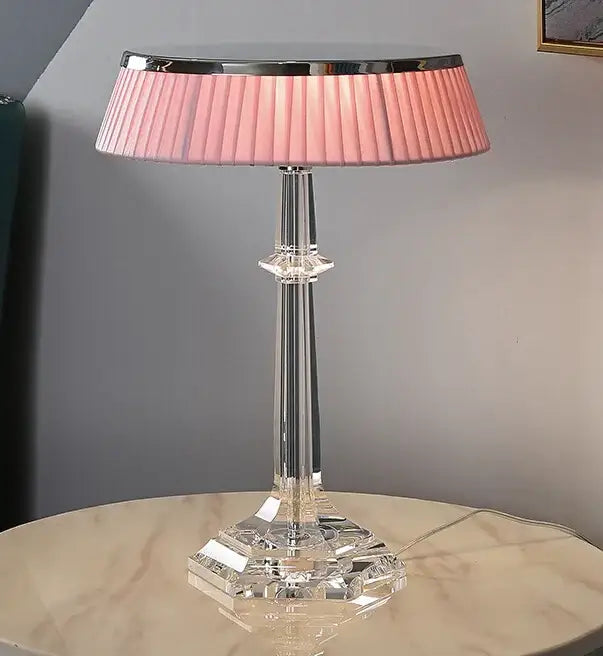 Decorbites led table lamp with pink pleated shade and clear crystal base for modern home decor and living spaces