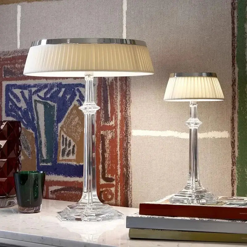 Clear crystal decorbites led table lamps with pleated cream shades and polished chrome rims for modern home decor
