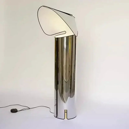 A sleek chrome finished decorbites led floor lamp with a cylindrical base and curved white shade for modern lighting
