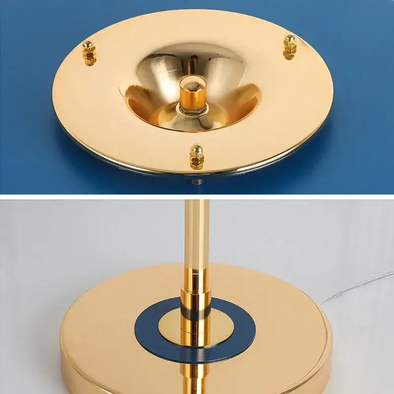 Decorbites™ led table lamp with gold metallic circular base and three decorative studs for reading light use