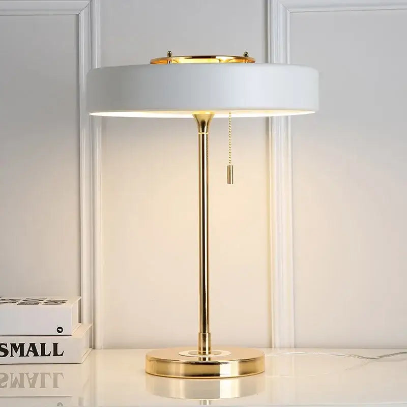 DecorBites™ led table lamp with gold finish and white circular shade featuring minimalist postmodern nordic design