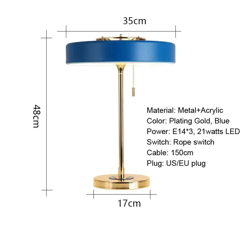 Decorbites™ led table lamp with blue acrylic shade gold-plated metal base rope switch and 21-watt led bulb