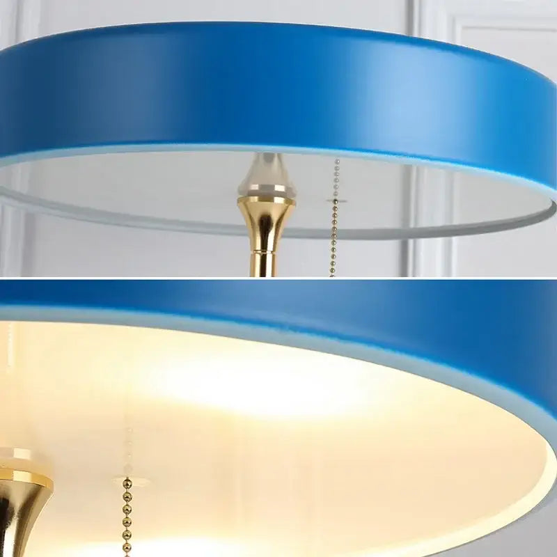 Decorbites led table lamp with blue circular lampshade and gold-toned metal stem for reading light