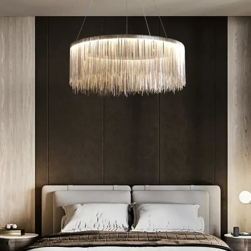 DecorBites led tassel chandelier pendant with silver lustre and cascading glass prisms for living room villa hall