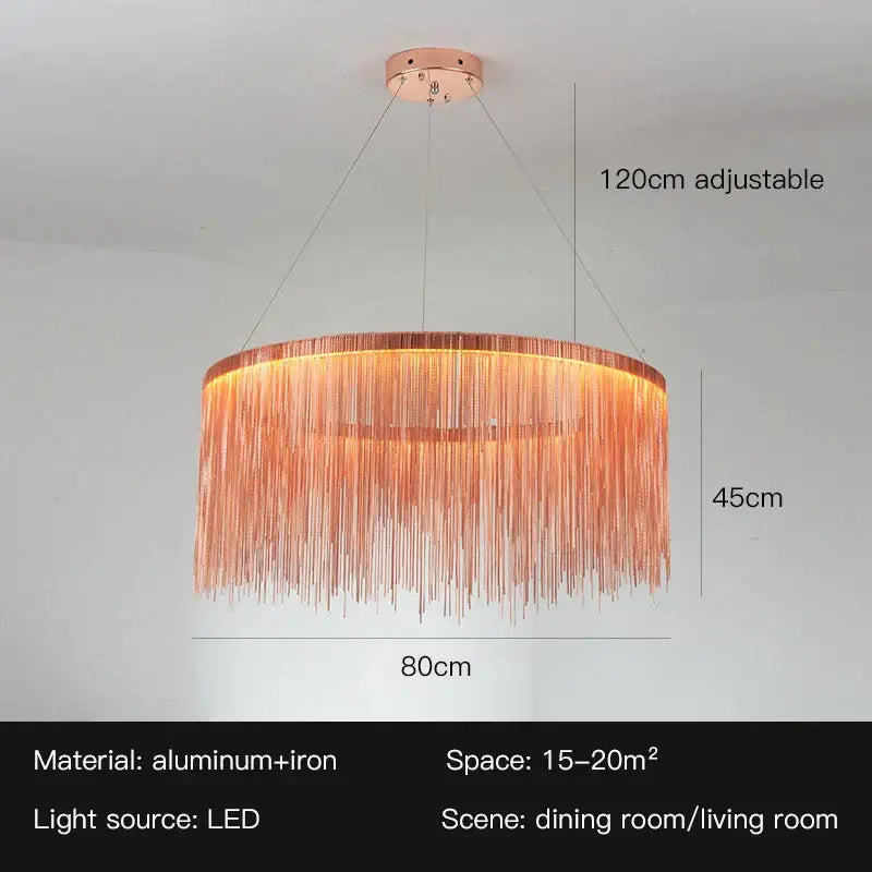 Rose gold metallic decorbites led tassel chandelier pendant light with cascading fringe strands for living room villa hall