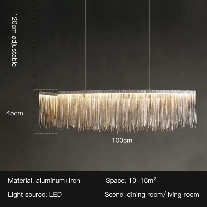 Decorbites led tassel chandelier pendant light with cascading golden metallic strands and led lighting for villa hall