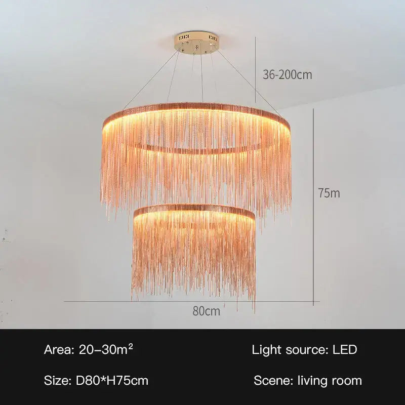 Decorbites led tassel chandelier pendant features two-tiered copper color with cascading crystal fringe for villa halls