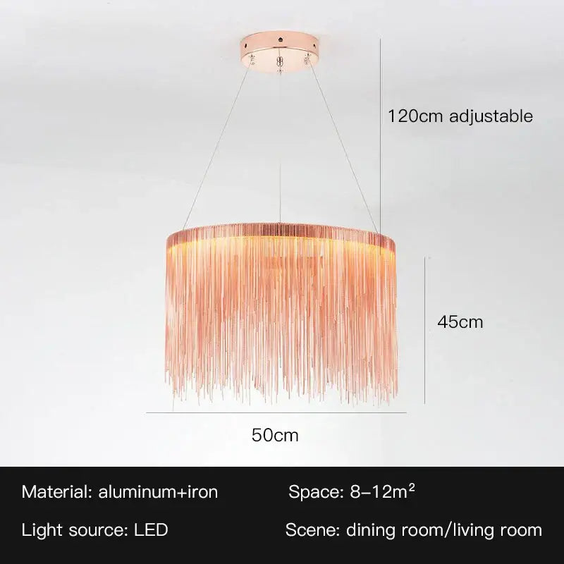 DecorBites led tassel chandelier pendant in rose gold with aluminum and iron strands for modern living rooms