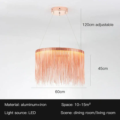 Decorbites led tassel rose gold cylindrical chandelier pendant light with metallic fringe strands for living room villa hall