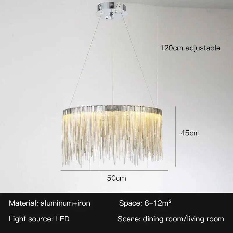 Modern decorbites led tassel chandelier with cascading silver metallic fringe and chrome ceiling mount for living room use