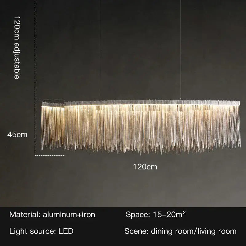 A modern decorbites led tassel chandelier pendant light with cascading golden led strands in aluminum and iron frame