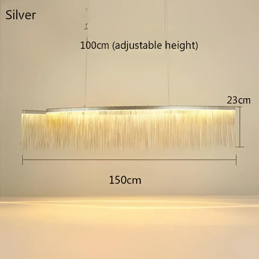 Silver rectangular decorbites led tassel chandelier with cascading golden tassels and adjustable height for modern lighting