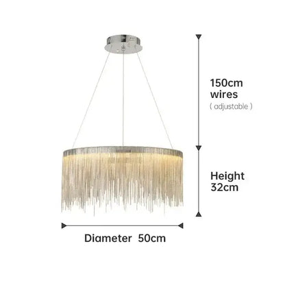 Decorbites led tassel chandelier with circular chrome ceiling mount and cascading metallic chain strands emitting warm light