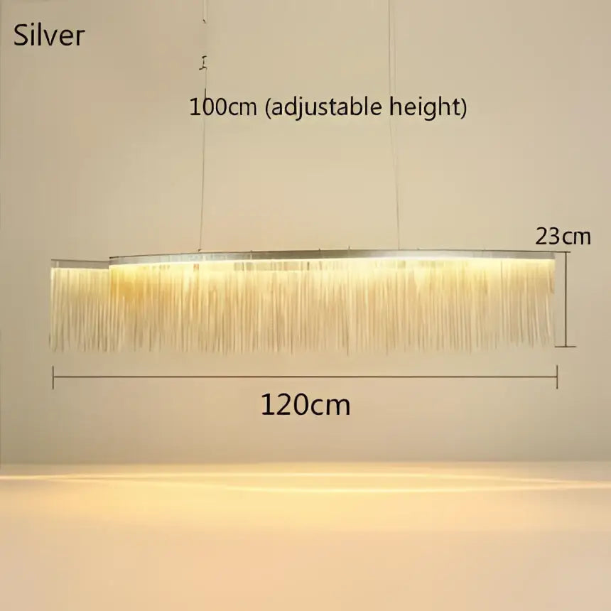 Silver rectangular decorbites led tassel chandelier with cascading crystal fringe adjustable height modern pendant light