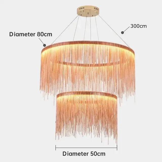 Golden-toned decorbites led tassel chandelier with cascading crystal strands and brass-finished circular ceiling mount