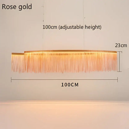 Rose gold decorbites led tassel chandelier with sleek rectangular frame and cascading tassels for modern decor lighting