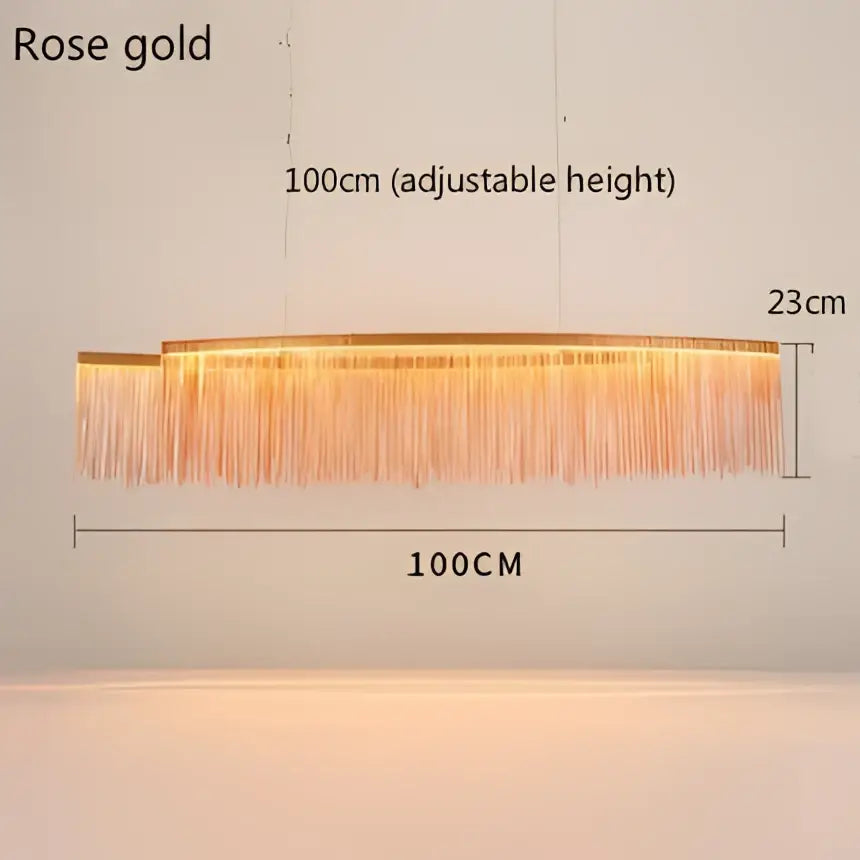 Rose gold decorbites led tassel chandelier with sleek rectangular frame and cascading tassels for modern decor lighting