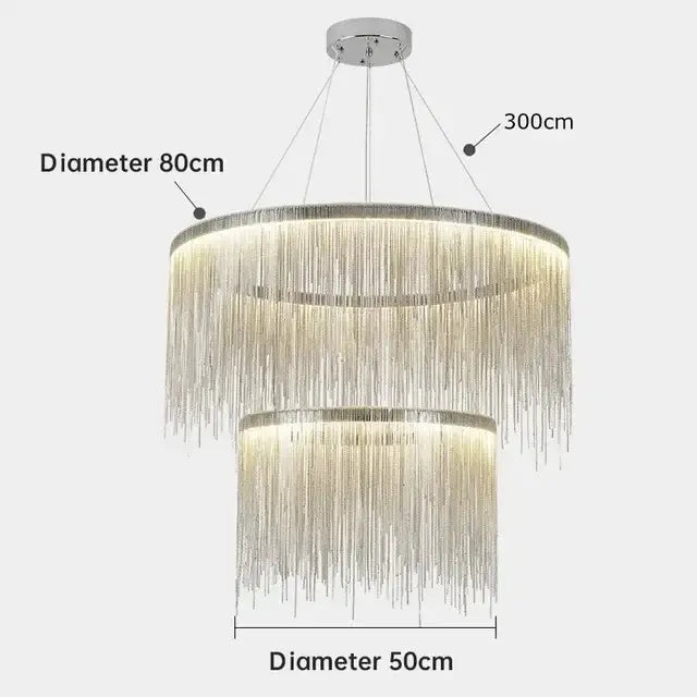 Decorbites led tassel chandeliers featuring two-tiered silver metallic tassels and illuminated circular frames in modern design