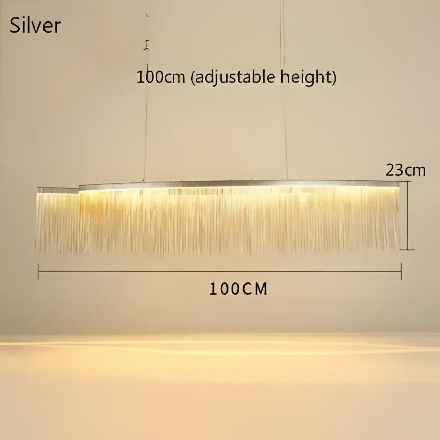 Silver rectangular decorbites led tassel chandelier with dangling crystal fringe 100cm long adjustable height