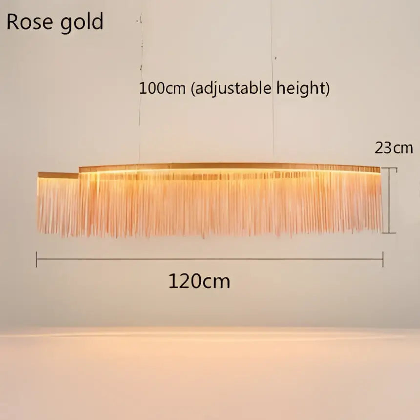 Rose gold decorbites led tassel chandelier with sleek rectangular frame and cascading tassels for modern decor lighting