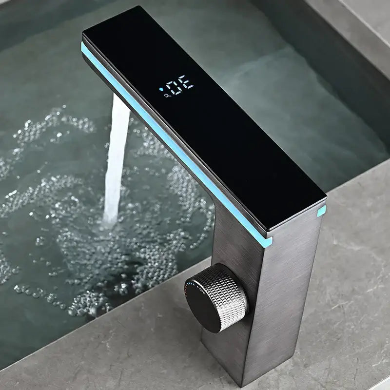 Modern matte black basin faucet with decorbites led temperature display and sleek lcd screen in brushed metal finish