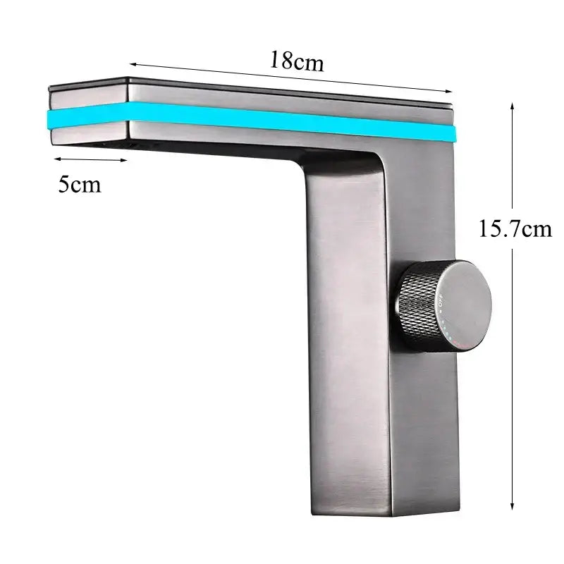 Modern brushed stainless steel basin faucet with sleek rectangular spout and decorbites led temperature display light strip