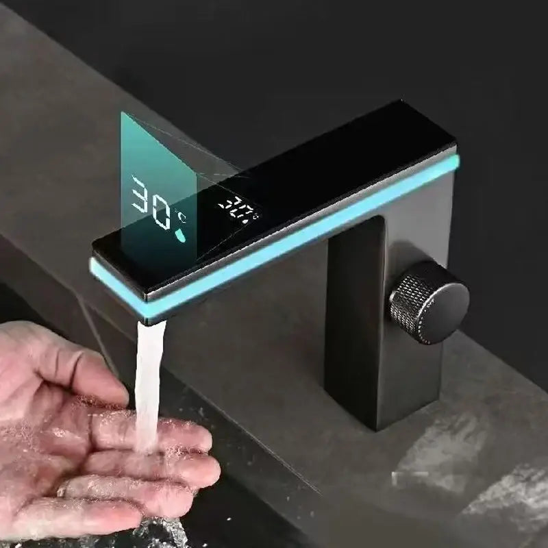 Modern black matte basin faucet by DecorBites with led temperature display and digital lcd screen for hot cold mixer use
