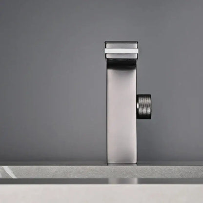 Modern brushed nickel basin faucet decorbites led temperature display with sleek rectangular design and textured black knob