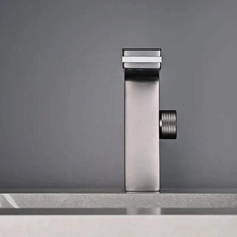 Modern brushed nickel basin faucet decorbites led temperature display with sleek rectangular design and textured black knob