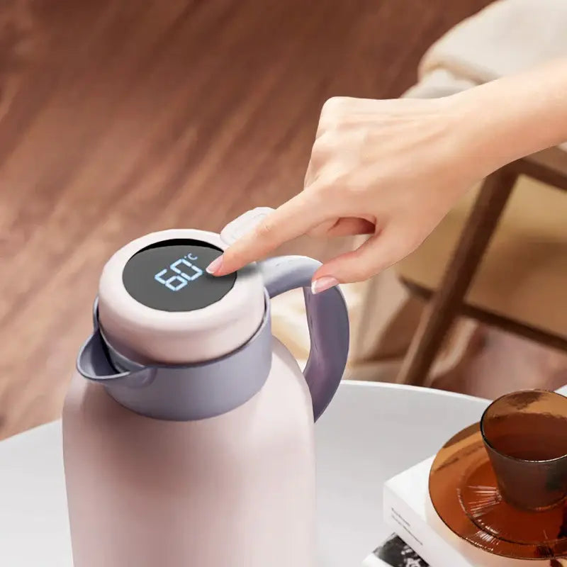 Decorbites matte pink thermo bottle with led temperature display and gray handle for hot drinks large capacity