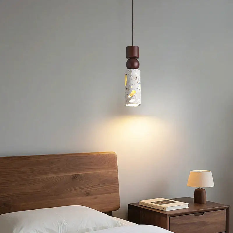 Decorbites led terrazzo pendant lamp with white stone wood cylindrical terrazzo shade and dark brown metal fixture