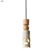 Minimalist decorbites led terrazzo pendant lamp with white stone cylindrical body and natural wood bead accents