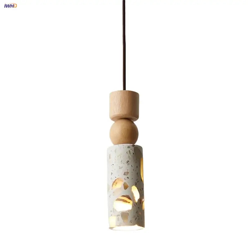 Minimalist decorbites led terrazzo pendant lamp with white stone cylindrical body and natural wood bead accents