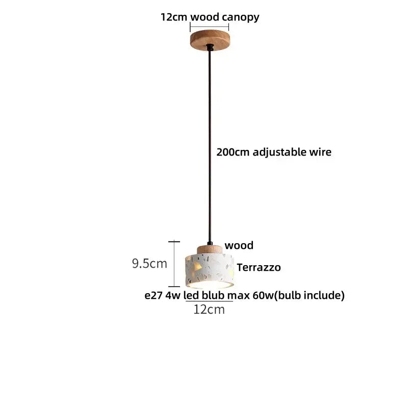 Cylindrical white stone decorbites led terrazzo pendant lamp with wooden canopy suspended by adjustable black wire