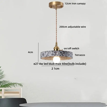 Decorbites led terrazzo pendant lamp with white stone wood shade and brass iron canopy featuring e27 led bulb
