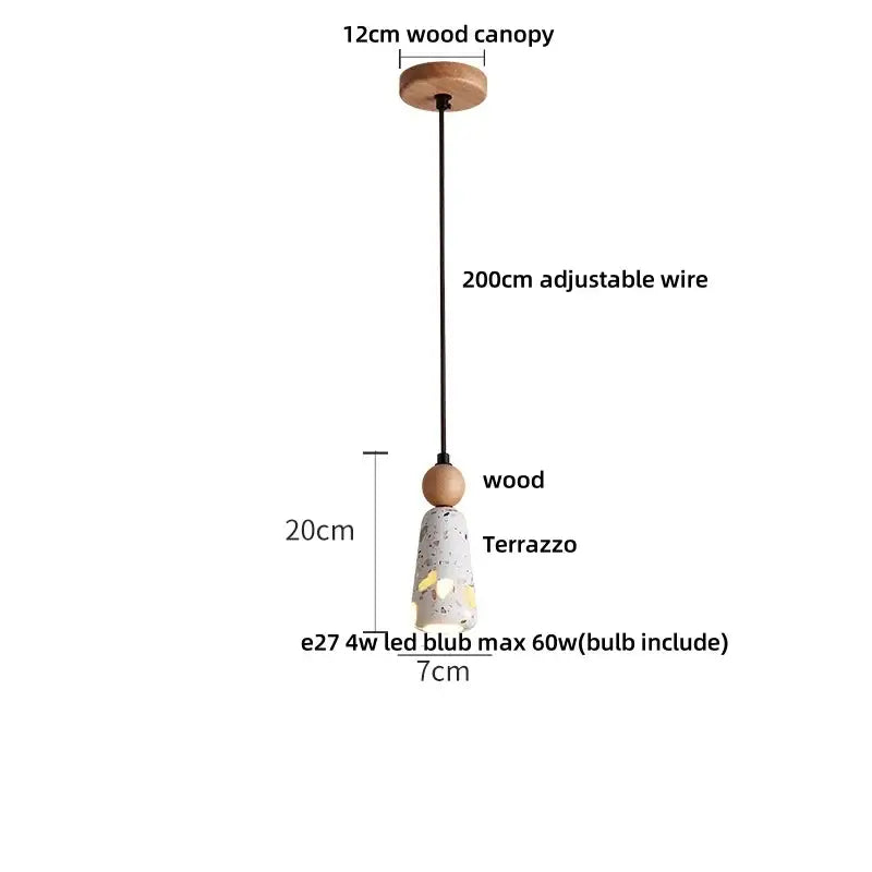 Modern decorbites led terrazzo pendant lamp with white terrazzo shade, gold accents, wooden canopy, and adjustable black wire