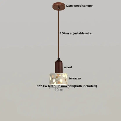 DecorBites™ led terrazzo pendant lamp with white stone terrazzo glass shade wood canopy and adjustable wire
