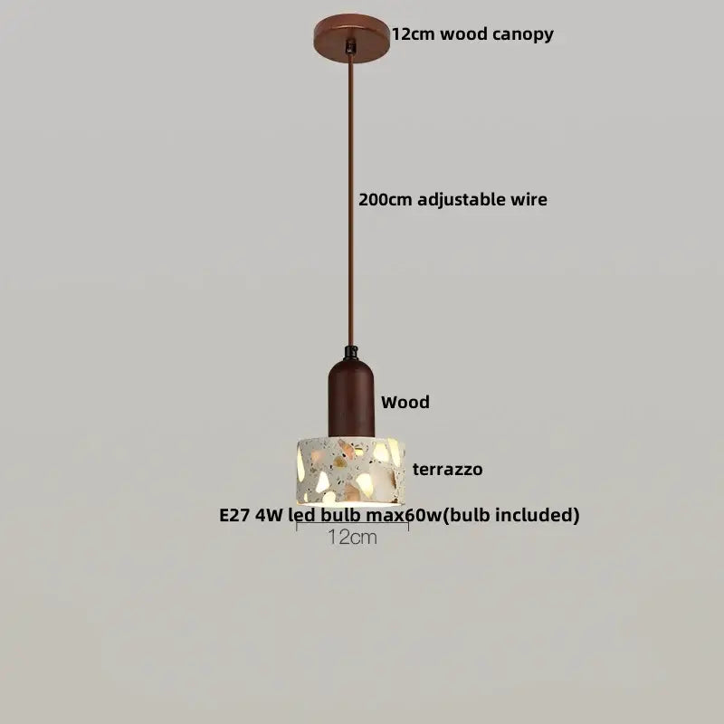 DecorBites™ led terrazzo pendant lamp with white stone terrazzo glass shade wood canopy and adjustable wire