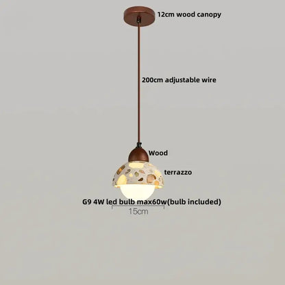 DecorBites led terrazzo pendant lamp with white stone wood shade, 12cm wooden canopy, adjustable wire, and g9 led bulb