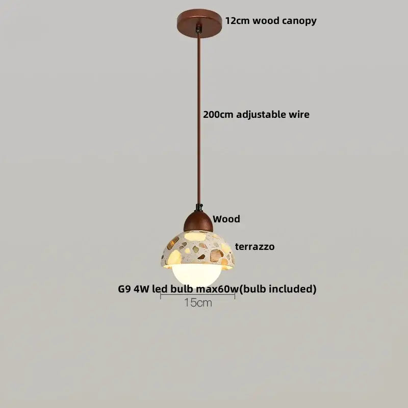 DecorBites led terrazzo pendant lamp with white stone wood shade, 12cm wooden canopy, adjustable wire, and g9 led bulb